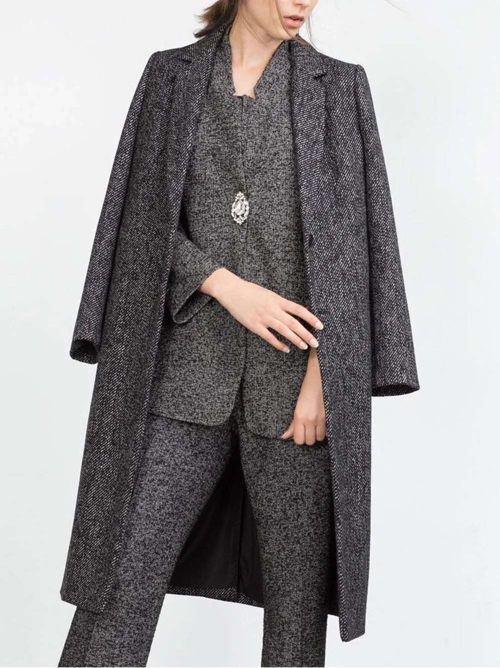 Zara Tweed Textured Button Wool Blend Coat